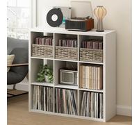 Furinno Cubicle Record Player Stand with Vinyl Storage, 9-Cube 1.2 Extra Thick Vinyl Record Storage, Open Back Media Shelf for CD DVD Blueray Game Disc, for Living Room, Home Office, White