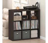 Furinno Cubicle Record Player Stand with Vinyl Storage, 9-Cube 1.8 Triple Thick Vinyl Record Storage, Open Back Media Shelf for CD DVD Blueray Game Disc, for Living Room, Home Office, Black Dark Oak