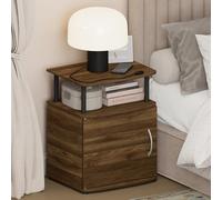 Furinno Jaya Mesita de Noche con Puerta con Estante Abierto y Armario con Puerta, Mesa Auxiliar con Esquinas Redondeadas, Mesa Lateral, para Dormitorio, Vestidor, Sala de Estar, Nogal Columbia
