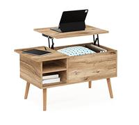 Furinno Jensen Mesa de Centro Elevable con Patas de Madera, Compartimento Oculto y Estante Lateral Abierto para Salones, Roble Flagstaff