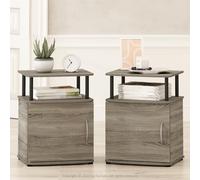 Furinno TIDUR Juego de 2 Mesitas de Noche, Mesita con Estante Abierto y Gabinete con Puerta, Mesa de Cabecera Redondeada, Mesa Auxiliar, para Dormitorio, Sala de Estar, Roble Francés