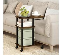 Furinno TURN-N-TUBE - Mesa auxiliar de 3 niveles en forma de C con ruedas, mesita de noche de montaje sin herramientas, mesita de noche con estante abierto, para sala de estar, dormitorio, roble ámbar