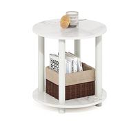 Furinno Turn-N-Tube Mesa Auxiliar Redonda de Madera de 2 Niveles, Blanco Mármol, 1 Pack
