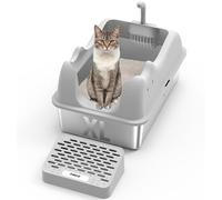 Furkid Caja de arena cerrada para gatos de acero inoxidable con tapa, caja de arena extragrande XL para gatos grandes, caja de arena de metal de cara alta con cuchara, no pegajosa, antifugas, fácil