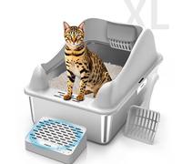 Furkid Caja de arena para gatos de acero inoxidable cerrada con tapa, caja de arena extragrande XL para gatos grandes, sartén de metal de alta cara con filtro de pedal y cuchara, antiadherente y