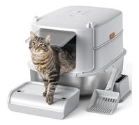Furkid Caja de arena para gatos de acero inoxidable con tapa, caja de arena extra grande XL para gatos grandes, caja de arena de metal cerrada con caja de alta cara y cuchara, antifugas,