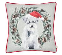 furn. Evans Dog Wreath Cojín Relleno Poliéster (Multi - 43x43cm) | Festivo Navideño Pintado A Mano Acuarela Corona Nevada Gorro De Papá Noel Animal Reverso De Terciopelo Ribete Vivo Cojín