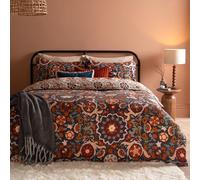 furn. Kinfolk Juego De Funda Nórdica - Reversible Suzani Inspirado Floral Geométrico Azulejo Mezcla De Algodón Fácil Cuidado Ropa De Cama (Azul Vaquero - King UK Standard - 230x220cm)