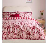 furn. La Vie En Bows Juego De Funda Nórdica - Reversible Fácil Cuidado A Rayas Lazo Volante Mezcla De Algodón Ropa De Cama (Rosa Rojo - Individual - 137x200cm)