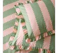 furn. Wylder Birdie Stripe Par De Fundas De Almohada - Reversibles Volantes Rico Algodón A Rayas (Rosa/Verde - 50x75cm)