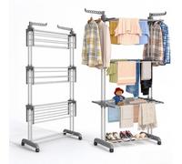 Furnestorica Tendedero plegable de 4 niveles con ruedas, torre de metal estable con 6 alas plegables, 2 brazos giratorios y 10 ganchos, ahorra espacio para interior y exterior