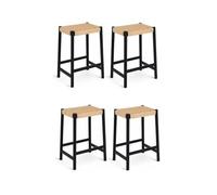 Furnhouse Ida Juego de 4 taburetes de bar, madera maciza de roble y cuerda de papel, altura del asiento: 66 cm, negro/natural, diseño escandinavo japonés