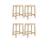 Furnhouse Ida Juego de 4 taburetes de bar, roble macizo y cuerda de papel, barnizado natural, altura del asiento de 66 cm, diseño escandinavo