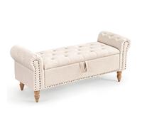 Furniliving Banco de Almacenamiento de 51 Pulgadas, Banco de Extremo de Cama con Botones, Gran Banco tapizado de Lino otomano con Ventana de Almacenamiento para Zapatos, para Dormitorio, Entrada,
