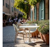 FURNISH 1 mesa de espera redonda blanca pura, hecha de madera de ingeniería y metal, su diseño robusto y cómodo es ideal para salas de espera y espacios de relajación de los huéspedes