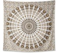 FURNISHFUL FINESSE Tapiz de mandala de pavo real para decoración de dormitorio, sala de estar, tapiz bohemio de algodón para colgar en la pared, 76 x 101 cm, color oro blanco