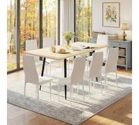FURNITABLE Mesa de comedor con 8 sillas, mesa de cocina rectangular de 160 cm, silla extensible y silla de respaldo alto para 8 personas, para salón, cocina, oficina (mesa de roble + 8 sillas blancas)