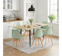 FURNITABLE Mesa de comedor rectangular extensible con 6 sillas, mesa de MDF y sillas de comedor modernas para cocina, comedor, salón, oficina, 120-160 cm (mesa de roble+6 sillas verdes heladas)
