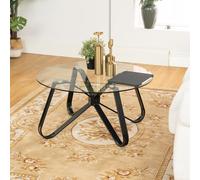 FurnitureR Chabudai - Mesa de Centro Redonda Minimalista de Cristal Templado con Bordes Redondeados Lisos, Mesa Baja de Metal para el hogar, el salón, el Patio y el jardín, 80 x 80 x 40 cm