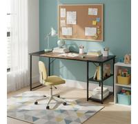 FurnitureR - Escritorio para habitación Infantil, 140 x 60 cm, Bandeja Bicolor, Retro, marrón y Negro, 2 estantes Laterales, Ajuste de Altura, Estructura de Metal, Grandes Espacios de Almacenamiento