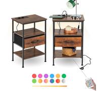 FurnitureR Juego de 2 mesitas de noche con función de carga LED, mesa auxiliar con 1 cajón. 2 puertos CA. 2 puertos USB, mesitas de noche, mesas de extremo para salón, dormitorio, marrón vintage, 40 x