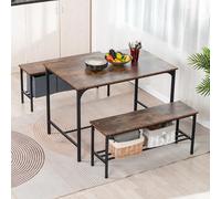 FurnitureR - Mesa de Comedor con 2 Fundas para Juegos, Juego de 3, L110 cm, Mesa de Comedor con 2 L100 cm, Benches, Steel Frame and Wood, Ruatic Brown Industrial Style, for 4 People Kitchen, Balcony