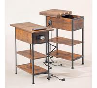 FurnitureR - Mesa de Noche Industrial Vintage, Caja de Almacenamiento y Bandeja Plegable, Mesa de Noche con estación de Carga, 2 enchufes y 2 USB, Gran Estante Abierto de 2 Niveles, 60 x 30 x 60 cm