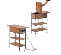 FurnitureR - Mesa de Noche Industrial Vintage, Caja de Almacenamiento y Bandeja Plegable, Mesa de Noche con estación de Carga, 2 enchufes y 2 USB, Gran Estante Abierto de 2 Niveles, 60 x 30 x 60 cm