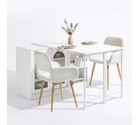 FurnitureR Mesa plegable de MDF blanco con placa giratoria de 360°, espacio de almacenamiento y 2 sillas de tela beige para espacios pequeños