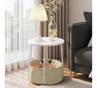 FurnitureR - Mesa redonda con cesta de tela, almacenamiento para sala de estar, dormitorio, mesita de noche, estilo moderno, con tablero de densidad media, color blanco, marco de metal, 45 x 45 x 50,5