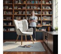 FurnitureR - Sillas de Oficina Informal, sillón de Scandic, Tejido Beige con Respaldo Alto a Cuadros y Patas de Madera de Haya, Altura 45 cm, para Conversaciones en Oficina, recepción y Consulta
