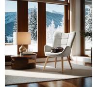 FurnitureR - Taburetes de salón, Tejido Beige con Respaldo Alto ergonómico y Patas de Madera de Haya, H45 cm, sillón de Lectura Informal Adecuado para Oficina, Dormitorio, 61 x 72 x 88 cm