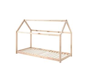 FURNLUX Cabane - Cuna, 90 x 200 cm, diseño de cama de casa, color beige, cama de madera de pino, 98 x 206 x 142 cm, con somier