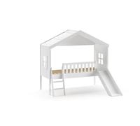 FURNLUX Cama infantil con tobogán, 90 x 200 cm, color blanco, madera de pino y tablero de fibra de densidad media, 192 x 213 x 202 cm, diseño de casa con escalera y ventana