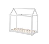 FURNLUX Cuna CABANE, madera maciza de pino, 70 x 140 cm, superficie de descanso, blanco, 78 x 146 x 132 cm, diseño cerca del suelo