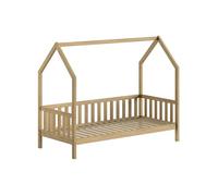 FURNLUX Cuna en diseño de casa, 90 x 200 cm, madera maciza de roble, beige, con barandilla, colección natural, 98 x 208 x 169 cm