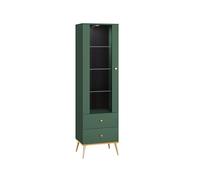 FURNLUX Fort - Vitrina moderna de madera, color verde y dorado, 55 x 40 x 190 cm, iluminación LED, 47 kg, independiente, 4 estantes, 2 cajones