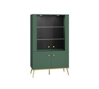 FURNLUX Fort - Vitrina moderna de madera, color verde y dorado, 92 x 40 x 152 cm, 49 kg, independiente, 4 puertas, iluminación LED