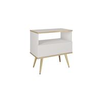 FURNLUX ORO - Mesita de noche, color blanco con detalles dorados, melamina, MDF/ABS, 54 x 39 x 59 cm, con cajón y estante abierto, diseño moderno