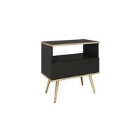 FURNLUX ORO - Mesita de noche, color negro con detalles dorados, melamina, MDF/ABS, 54 x 39 x 59 cm, 1 cajón con compartimento abierto, diseño moderno