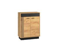 FURNLUX Vasco Aparador roble y negro, beige, aglomerado laminado/MDF/HDF/ABS, 70 x 34 x 91 cm, 2 puertas, 4 estantes y 1 cajón, moderno