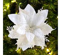 FurRain - Flores Artificiales de Pascua de 14 cm, para decoración de árbol de Navidad, Coronas y guirnaldas, 12 Flores con Purpurina para adornar en Navidad, Año Nuevo, Bodas y Fiestas (Blanco)