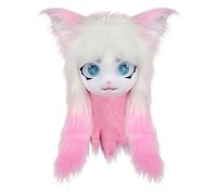 Furry Head, Animal Cat Masque Big Eyes Long Hair, Realistic Plush Costume Prop with Life like Features for Cosplay, Halloween Party, Masquerade, Anime Convention Events Pink