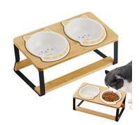 Furtryvl Cuenco Elevado para Gatos, Cuencos elevados para Gatos de Interior, Plato de cerámica Doble Alto, Base de Madera Antideslizante, a Prueba de derrames, Inclinado para Mascotas,