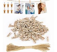 Furuising 150 Piezas Pinzas de Ropa Mini, 3cm Pinzas Pequeñas para Fotos, Natural Mini Pinzas de Madera con Cuerda de Yute de 10m y 6 Tachuelas para Fotografías Decorativas de Hogar y Manualidades
