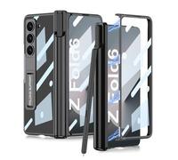 Furwabo Funda Transparente para Samsung Galaxy Z Fold 6 con Protección de Bisagra Magnética y S Pen Soporte, Claro Enchapado Lujo Carcasa con Soporte Ajustable y Protector de Pantalla (Negro)