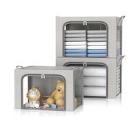 FUSACONY Lot de 3 bolsas de almacenamiento para ropa, caja de almacenamiento plegable con marco metálico - Cajas de ropa apilables para edredón, ropa, edredones, mantas, almohadas, gris 66L