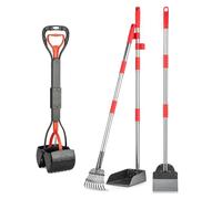 FUSBUNTY Juego de pala para excrementos de perro, mango largo, rastrillo, bandeja y pala de acero inoxidable resistente, pala y cuchara plegable de 28 pulgadas para eliminación de residuos de mascotas