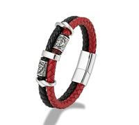 FUSHENGTER Pulsera Hombre Bracelet Joyería Pulsera De Cuero Trenzado Multicapa con Cuentas De Brújula Estilo Vikingo Punk, Color Negro Y Rojo