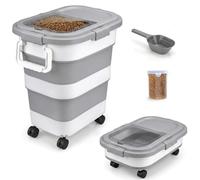 FUSHITON Gran Contenedor de Comida para Perros Plegable con Ruedas 24L - Recipiente Hermético para Pienso con Clip y Junta de Silicona, Incl. Pala + Taza Medidora 1000ml, Plegable Gris
